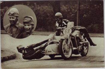 AK Foto Hans Kahrmann Rennfahrer Auto Union DKW Motorrad Seitenwagen 1937 RAR