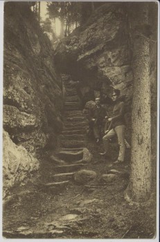 AK Kyjov (Krásná Lípa) Khaa Schönlinde Aufstieg zum Fürst Kinsky-Felsen 2 Männer Khaatal Böhmen Tschechien 1910