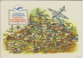 VERKAUFT !!!   Künstler-AK A. Hoppe Deutsche Lufthansa Flugstrecken Erfurt Leipzig Dresden Karl-Marx-Stadt 1958 RAR