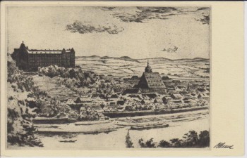 Künstler-AK Radierung Artur Henne Pirna mit Sonnenstein Sächsische Schweiz 1930