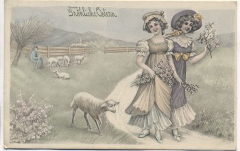 Künstler-AK Jugendstil Fröhliche Ostern 2 Frauen mit Lamm Verlag: V.K. Vienne 4106 1910