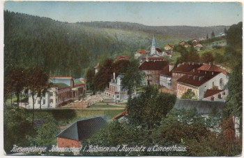 AK Riesengebirge Johannisbad in Böhmen mit Kurplatz und Konzerthaus Janské Lázně Tschechien 1920