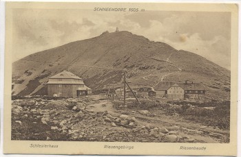 AK Riesengebirge Schlesierhaus und Riesenbaude mit Schneekoppe b. Krummhübel Karpacz Schlesien Polen 1924