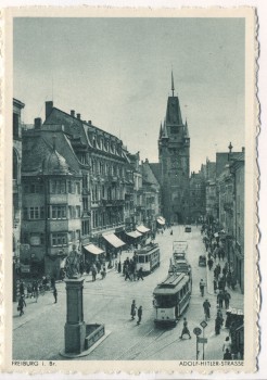 VERKAUFT !!!   AK Freiburg im Breisgau Adolf-Hitler-Strasse Straßenbahn viele Menschen 1935