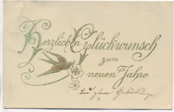 Präge-AK Herzlichen Glückwunsch zum neuen Jahre Taube mit Kleeblatt Goldschrift 1911