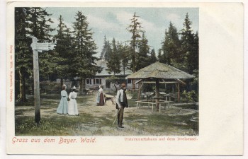 AK Gruss aus dem Bayrischen Wald Unterkunftshaus auf dem Dreisessel mit Menschen b. Neureichenau Haidmühle 1900
