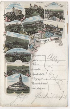 Litho Grüsse aus Thüringer Land Wartburg Coburg Weimar Gotha Gera Erfurt 1900