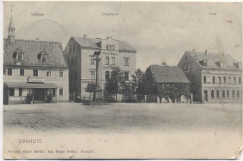 AK Brandis Rathaus Stadthaus Post Hotel Ratskeller Soldatenkarte 1910