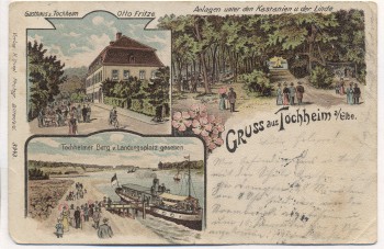 VERKAUFT !!!   Litho Gruss aus Tochheim an der Elbe Gasthaus Landungsplatz b. Hohenlepte Zerbst 1905