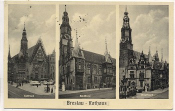 AK Breslau Rathaus 3 Ansichten Ostfront Südfront Westfront Wrocław Schlesien Polen 1937