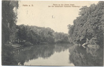 VERKAUFT !!!!!     AK Halle a. S. Partie an der Wilden Saale an der Überfahrt Peissnitz Heideweg 1912 RAR