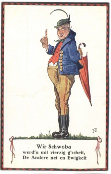Künstler-AK Hans Boettcher Wir Schwoba werd´n mit vierzig g' scheit, De Andere net en Ewigkeit Mann mit Schirm 1915