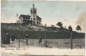 AK Eibau in Sachsen Restaurant Beckenberg mit Radfahrer 1909