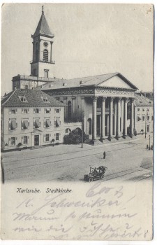 AK Karlsruhe Stadtkirche mit Oldtimer 1906