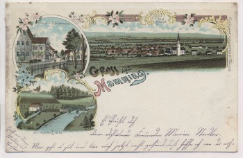 AK Litho Gruss aus Mamming Totalansicht Kirchen u. Schulstrasse Neue eiserne Brücke 1900 RAR