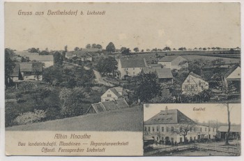 VERKAUFT !!!   AK Gruss aus Berthelsdorf b. Liebstadt Sächs. Schweiz Ortsansicht mit Gasthof und Werbung 1915 RAR