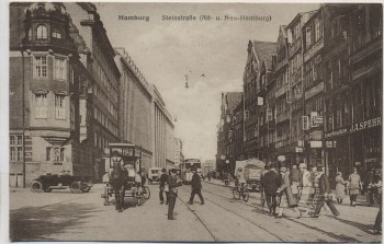 AK Hamburg Steinstraße viele Menschen Autos Kutsche 1920