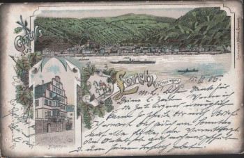 Litho Gruss aus Lorch Rheingau Hilgenhaus 1905