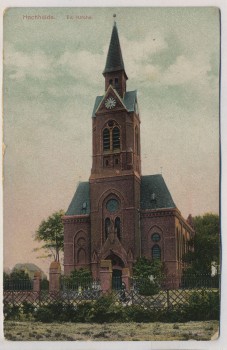 AK Hochheide Ev. Kirche mit Menschen Duisburg-Homberg 1911 RAR