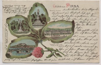 Kleeblatt Litho Gruss aus Pirna Denkmal Kaserne Totalansicht 1905