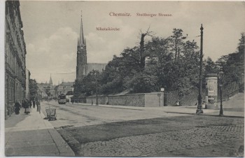 AK Chemnitz Stollberger Strasse Nikolaikirche Menschen mit Straßenbahn 1915 RAR Sammlerstück