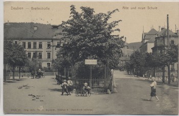 VERKAUFT !!!   AK Deuben Breitestraße Alte und neue Schule Kinder b. Freital 1907 RAR Sammlerstück