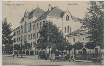 VERKAUFT !!!   AK Gruss aus Deuben Neue Schule Kinder Kinderwagen b. Freital 1908 RAR