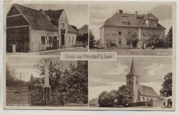 AK Gruss aus Merzdorf b. Jauer Geschäft Kassner Schule Kriegerdenkmal Kirche Marcinowice Mściwojów Jawor Schlesien Polen Landpoststempel 1938 RAR