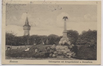 AK Husum Schlossgarten mit Kriegerdenkmal u. Wasserturm 1913
