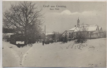 AK Gruß aus Greising Bayr. Wald Ortsansicht im Winter Stempel Mietraching Deggendorf 1922 RAR