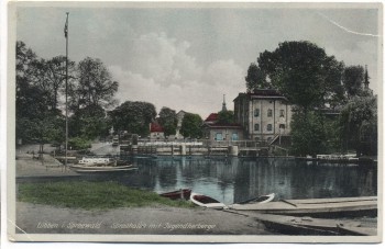 AK Lübben Spreewald Spreehafen mit Jugendherberge nachcoloriert 1935 AK Lübben Spreewald Spreehafen mit Jugendherberge nachcoloriert 1935