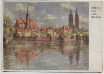 VERKAUFT !!!   Künstler-AK Breslau Blick auf die Dominsel Wrocław Schlesien Polen Deutsches Sängerbundesfest 1937