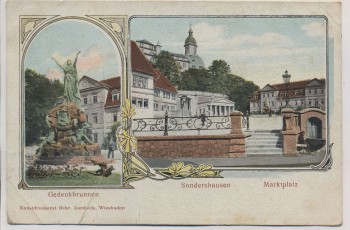 AK Sondershausen Marktplatz Gedenkbrunnen Jugendstil 1913