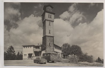 AK Foto Blankenburg im Harz Gästehaus Glück auf Ziegenkopf mit Auto und Bus 1965