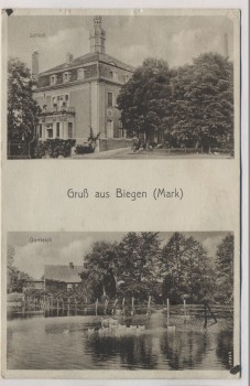AK Gruß aus Biegen Mark Schloß Dorfteich b. Briesen Landpoststempel 1932 RAR