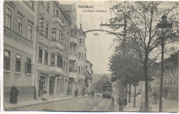 VERKAUFT !!!           AK Weimar Unterer Graben mit Straßenbahn Menschen 1914 RAR