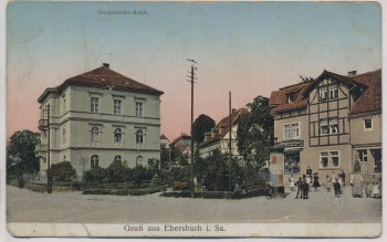 AK Gruß aus Ebersbach in Sachsen Gemeinde-Amt viele Menschen 1910