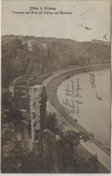 AK Döben b. Grimma Feueresse mit Blick auf Schloss und Muldental 1919