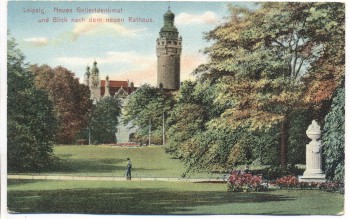 AK Leipzig Neues Gellertdenkmal und Blick nach dem neuen Rathaus 1910