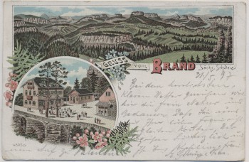 VERKAUFT !!!   Litho Gruss vom Brand Sächsische Schweiz Brandbaude b. Hohnstein Sachsen 1897