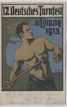 Künstler-AK Leipzig 12. Deutsches Turnfest Nr. 3 Der Gerwerfer Speerwerfer 1913