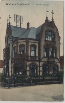 AK Gruß aus Schifferstadt Raiffeisenkasse mit Menschen 1919 RAR