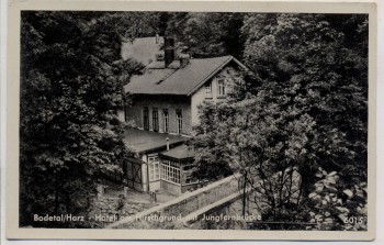 AK Bodetal im Harz Hotel am Hirschgrund mit Jungfernbrücke b. Thale 1950