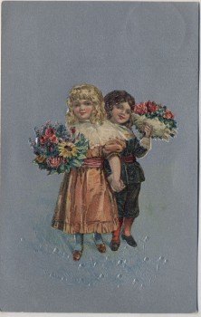 Künstler-AK Präge 2 Kinder mit Blumenstrauß 1909