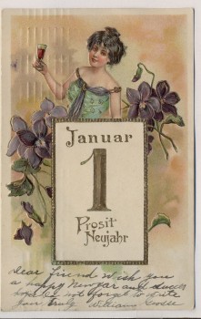 Präge-AK 1. Januar Prosit Neujahr Frau mit Sektglas Jugendstil 1910