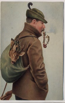AK-Künstler Jäger mit Pfeife Reh im Rucksack 1912