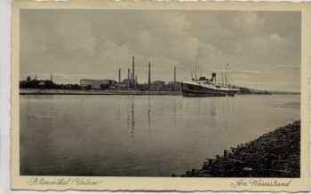 AK Blumenthal Unterweser Am Weserstrand mit Schiff und Fabrik Bremen 1940