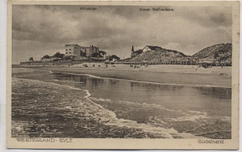 AK Westerland Sylt Südstrand mit Miramar und Haus Belvedere 1930