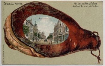 AK Litho Gruss aus Herne Westfalen dem Land der echten Schinken Bahnhofstrasse 1900 RAR