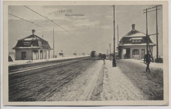 AK Leipzig Zeppelinbrücke im Winter mit Straßenbahn 1915